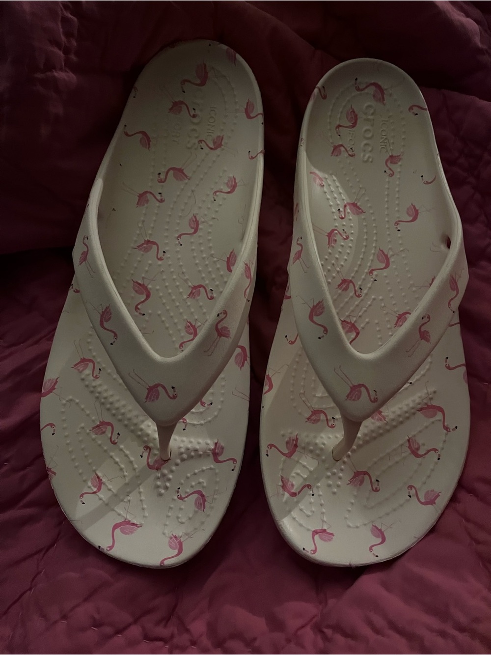CROCS White Flip Flop Sandals with Pink Flamingo Print size 10